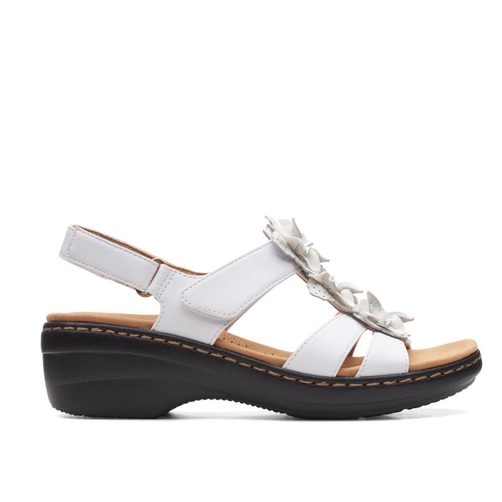 Clarks Collection White Leather Floral Merliah Sheryl Sandals Women's Size 8.5